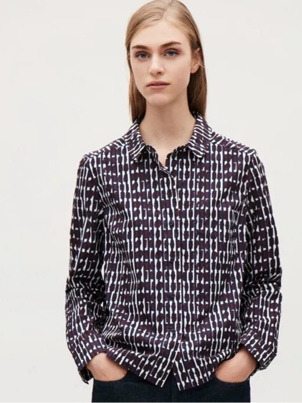 COS Burgundy and White Patterned Button-Front Shirt Size 4 Euro 34